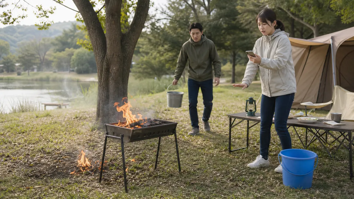 バーベキューの火が周囲に燃え移りそう