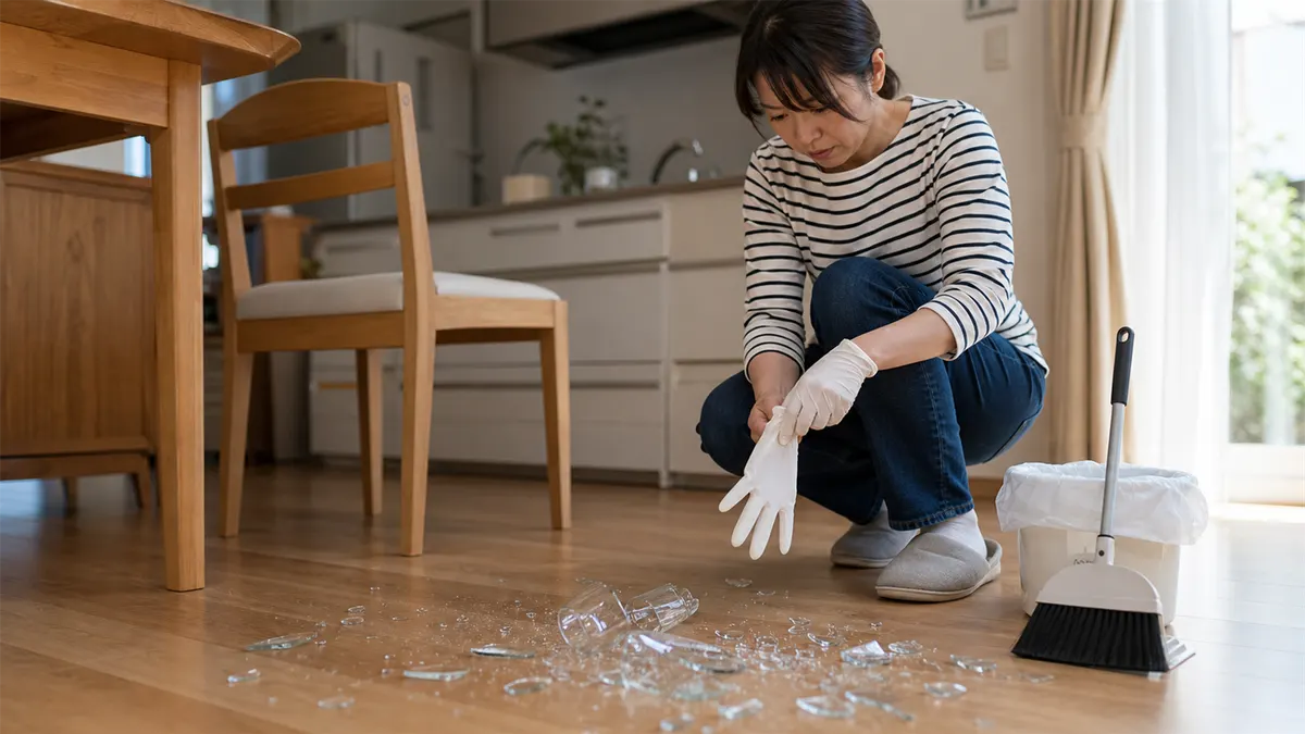 ガラスが割れて床に散らばった