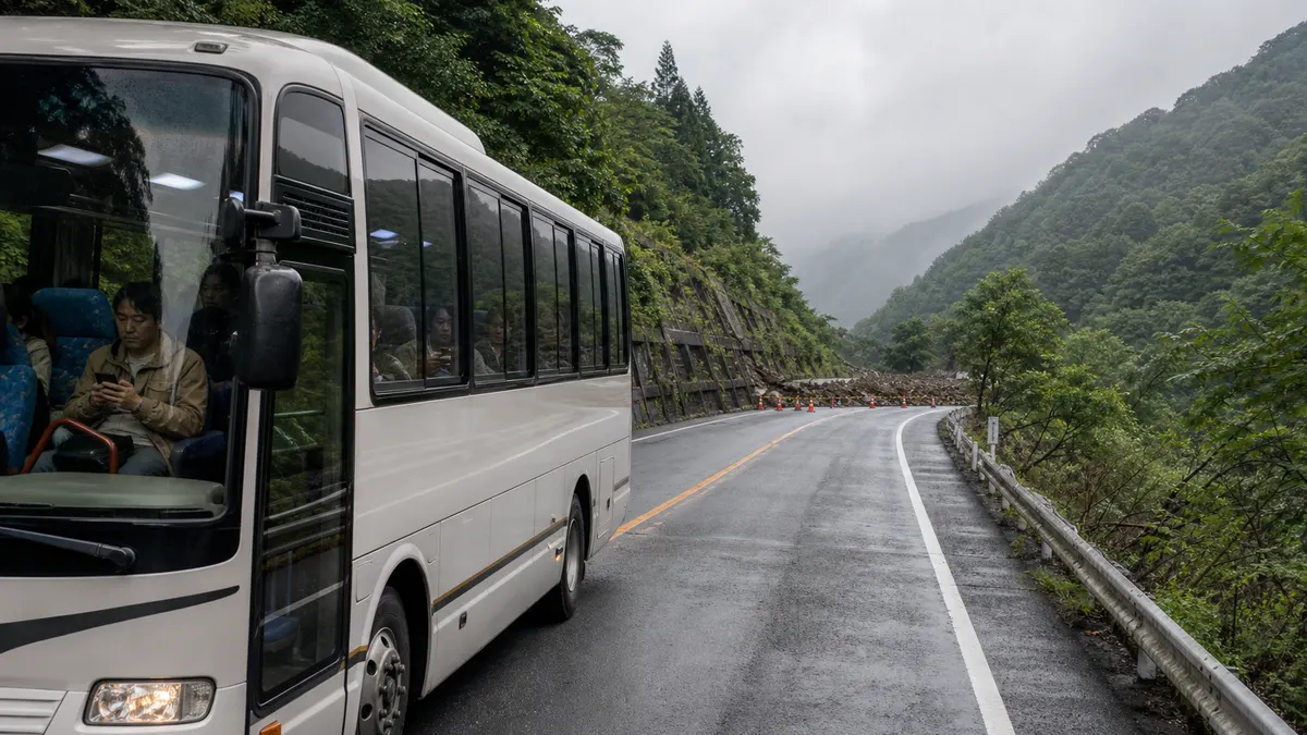 バスが山道で通行止めに遭った