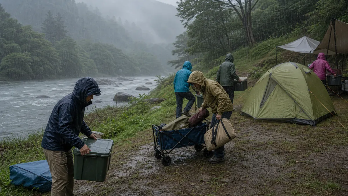 キャンプ中に大雨・増水に遭遇した