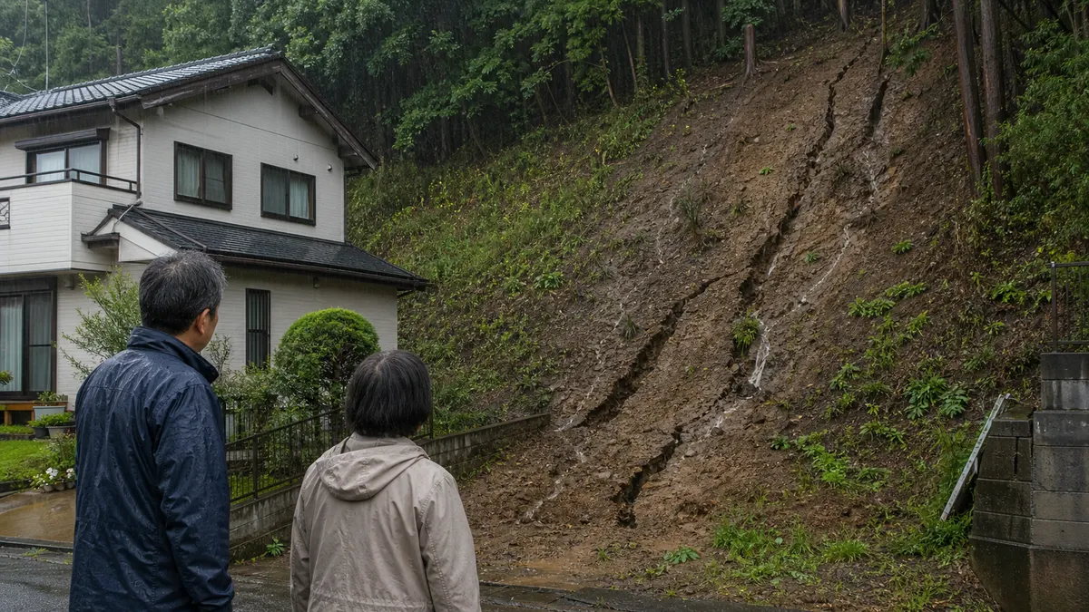 長雨で家の裏山に亀裂が入った