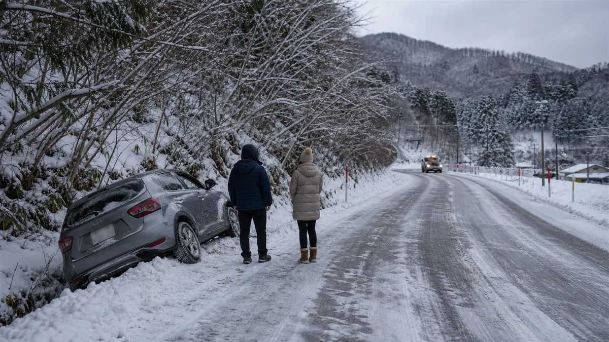 雪道でスリップして道路外に出た