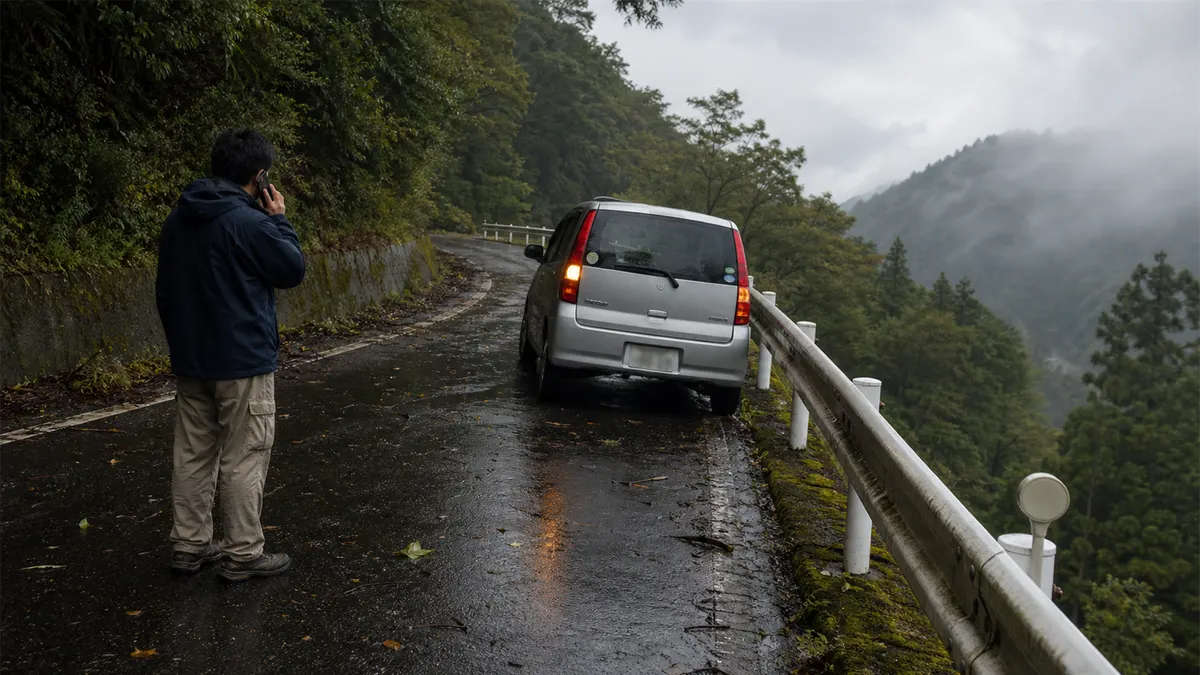 山道で車が崖に落ちそうになった